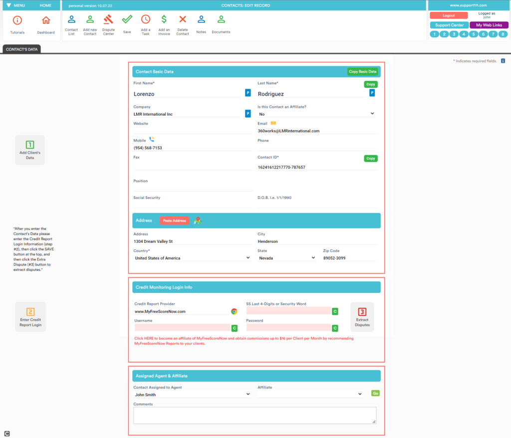 Client contact data entry form in credit software
