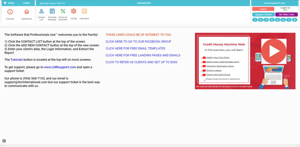 Credit repair software main dashboard