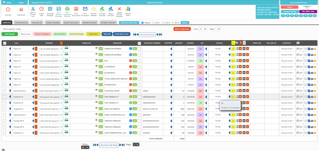 Credit dispute center software dashboard