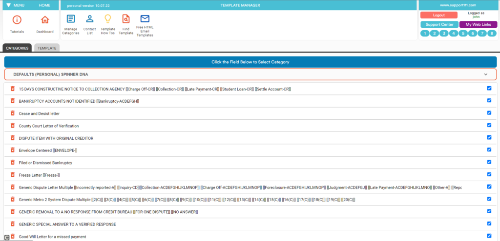 Credit repair software template manager interface